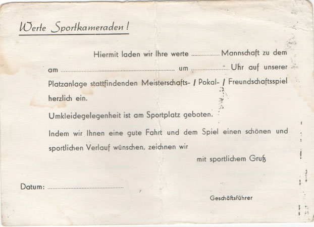 Postkarte an das Vereinslokal Otto Mette für die Einladung von Mannschaften für ein Turnier, Punkt oder Pokalspiel in das Waldstadion_2
