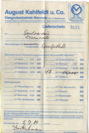 Rechnung für den Sand Sportplatz TuS vom 5.7.1984
